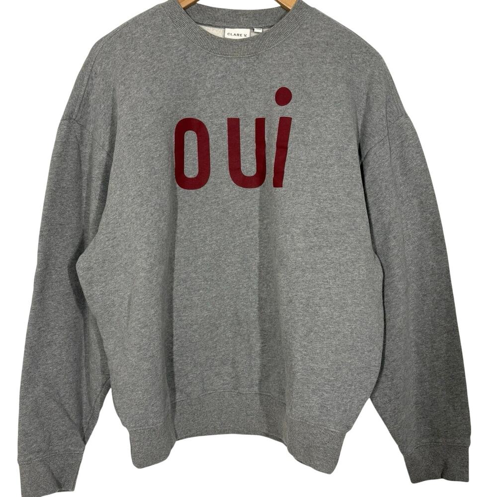 Clare V. OUI Crew Neck Sweater Women’s Size Medium Gray Oversized Preppy Graphic